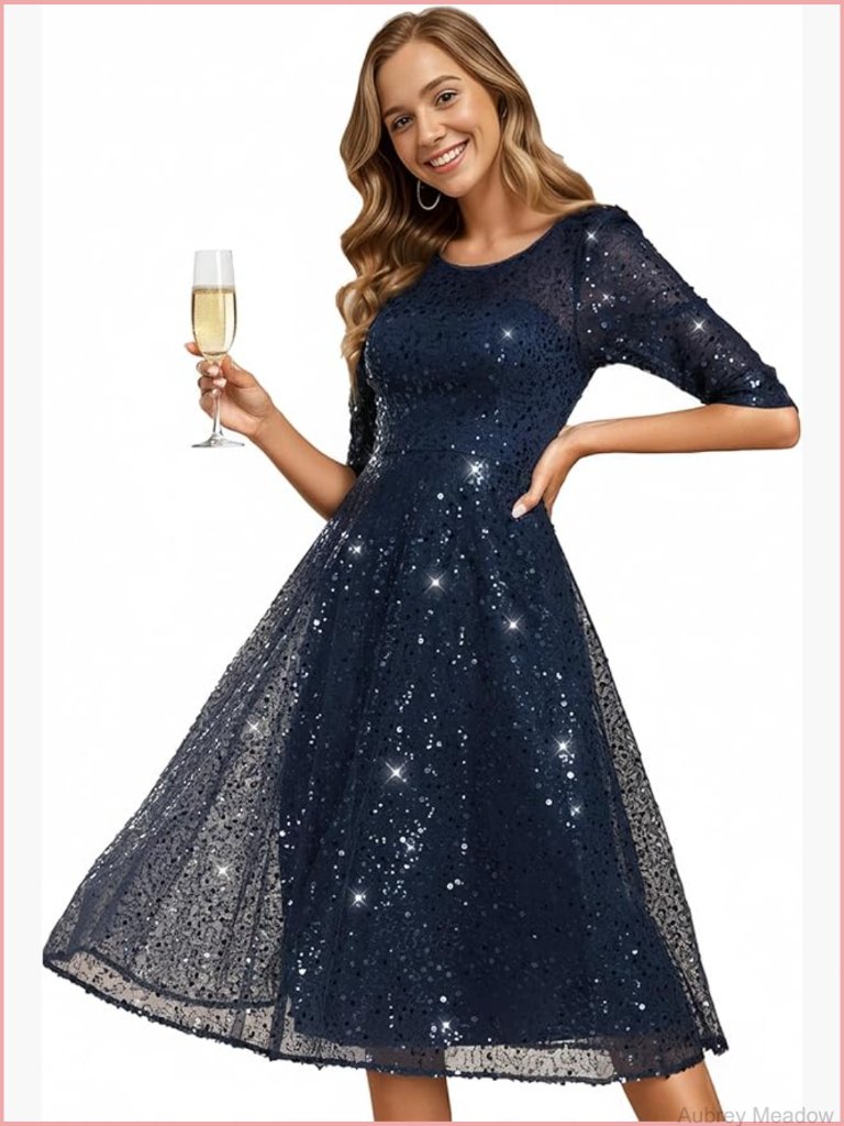 Sequin Midi Cocktail Party Dress With 3/4 Sleeves A-Line